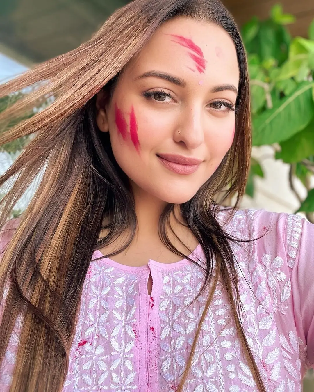 Sonakshi Sinha Wearing Beautiful Pink Dress Long Hair